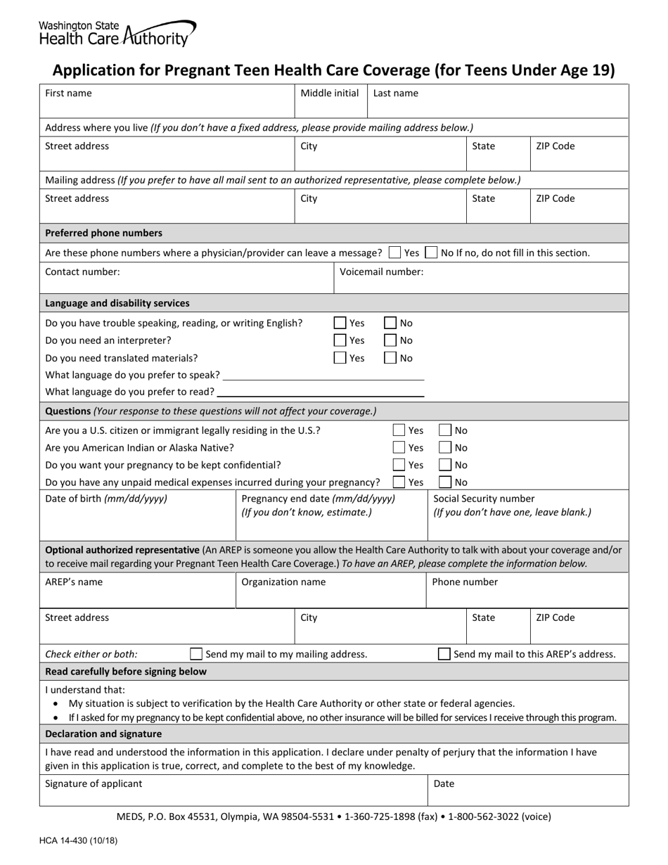 Form HCA14-430 Application for Pregnant Teen Health Care Coverage (For Teens Under Age 19) - Washington, Page 1