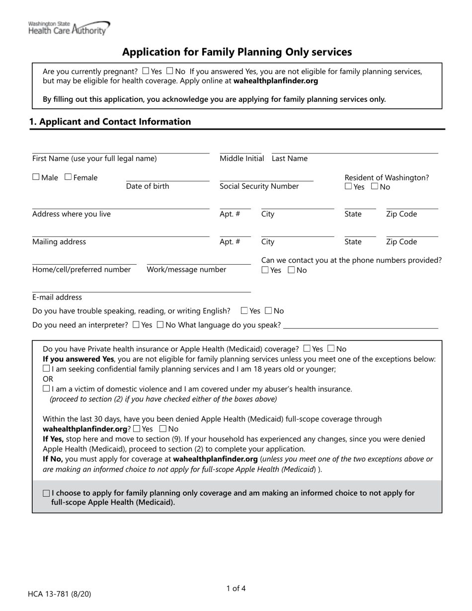 Form HCA13-781 Application for Family Planning Only Services - Washington, Page 3