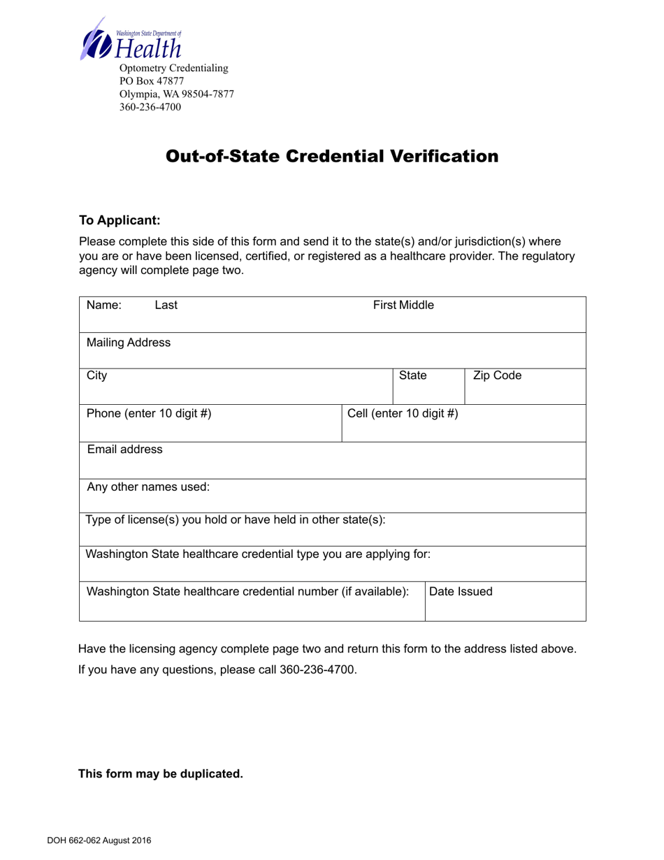 DOH Form 662-062 Optometrist Out-of-State Credential Verification - Washington, Page 1