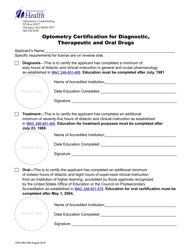 Document preview: DOH Form 662-095 Optometry Certification for Diagnostic, Therapeutic and Oral Drugs - Washington
