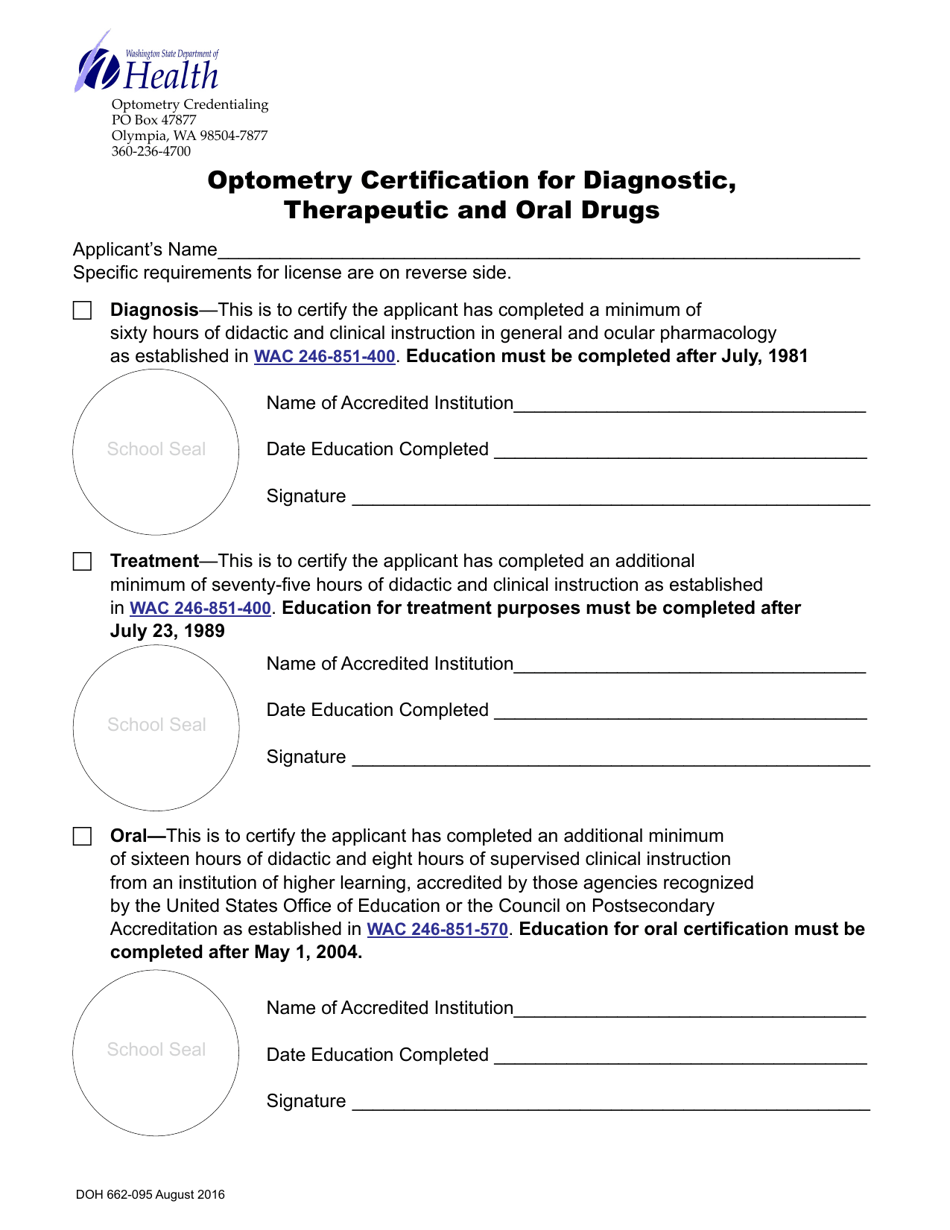 DOH Form 662-095 Optometry Certification for Diagnostic, Therapeutic and Oral Drugs - Washington, Page 1