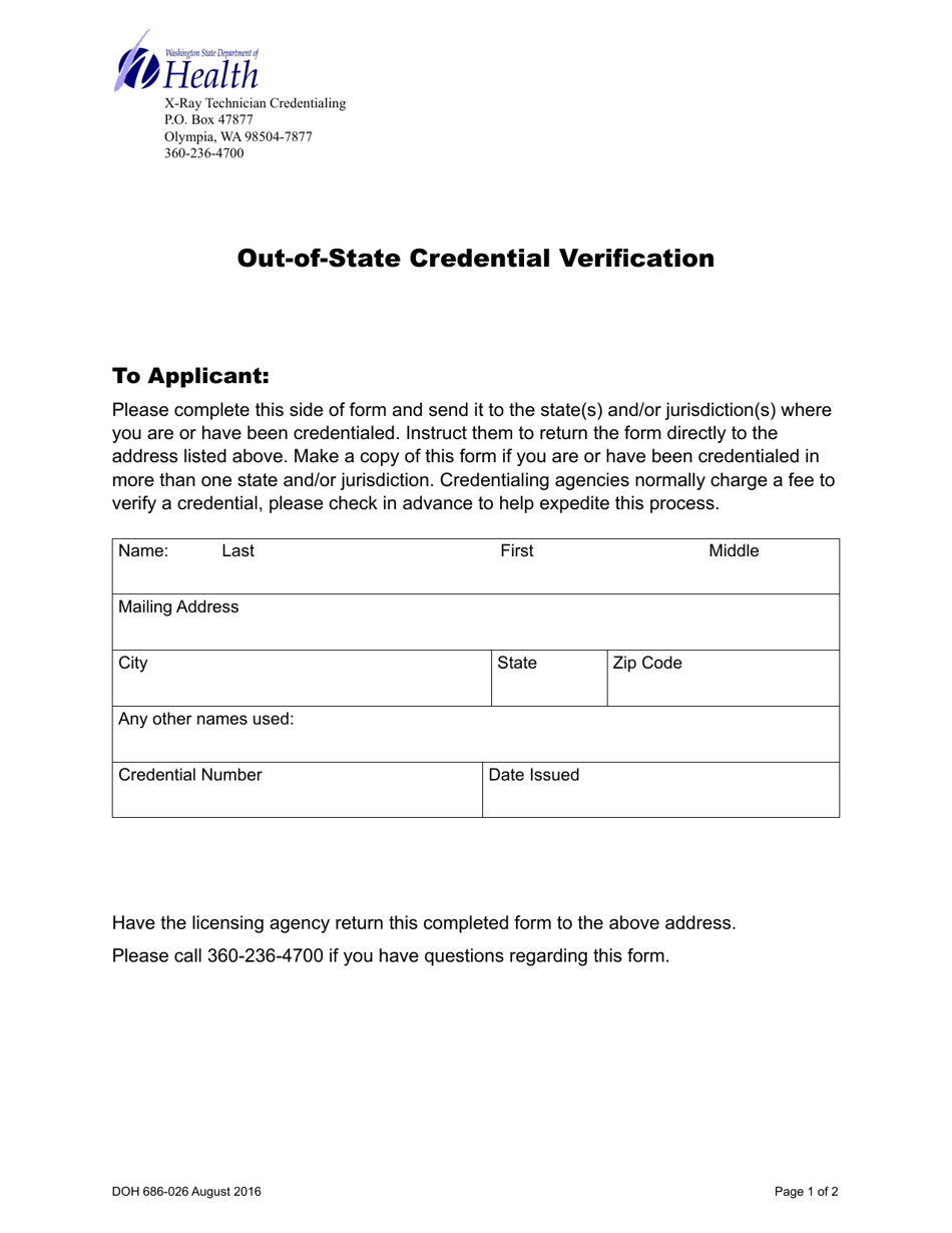 DOH Form 686-026 Out-of-State Credential Verification - Washington, Page 1