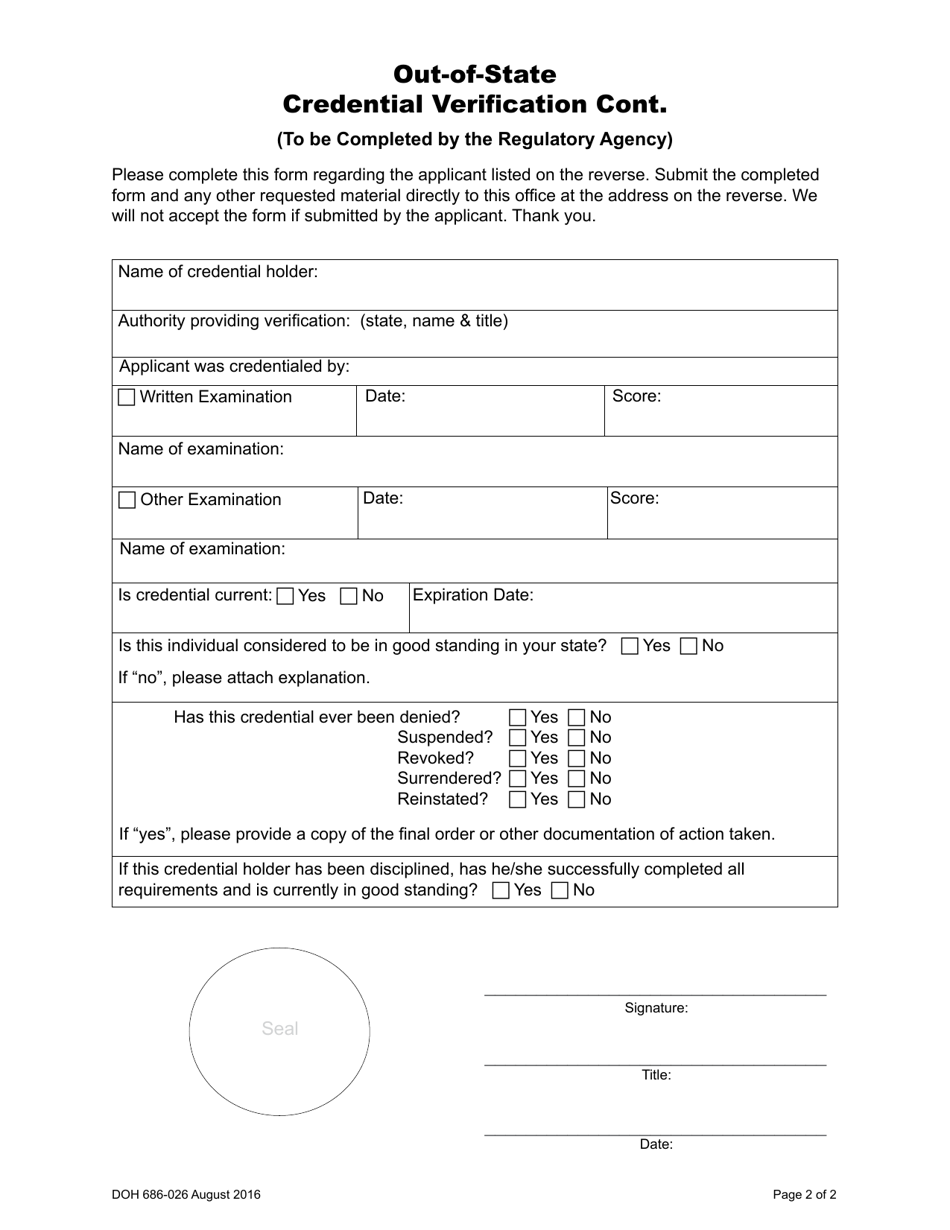 DOH Form 686-026 Out-of-State Credential Verification - Washington, Page 2