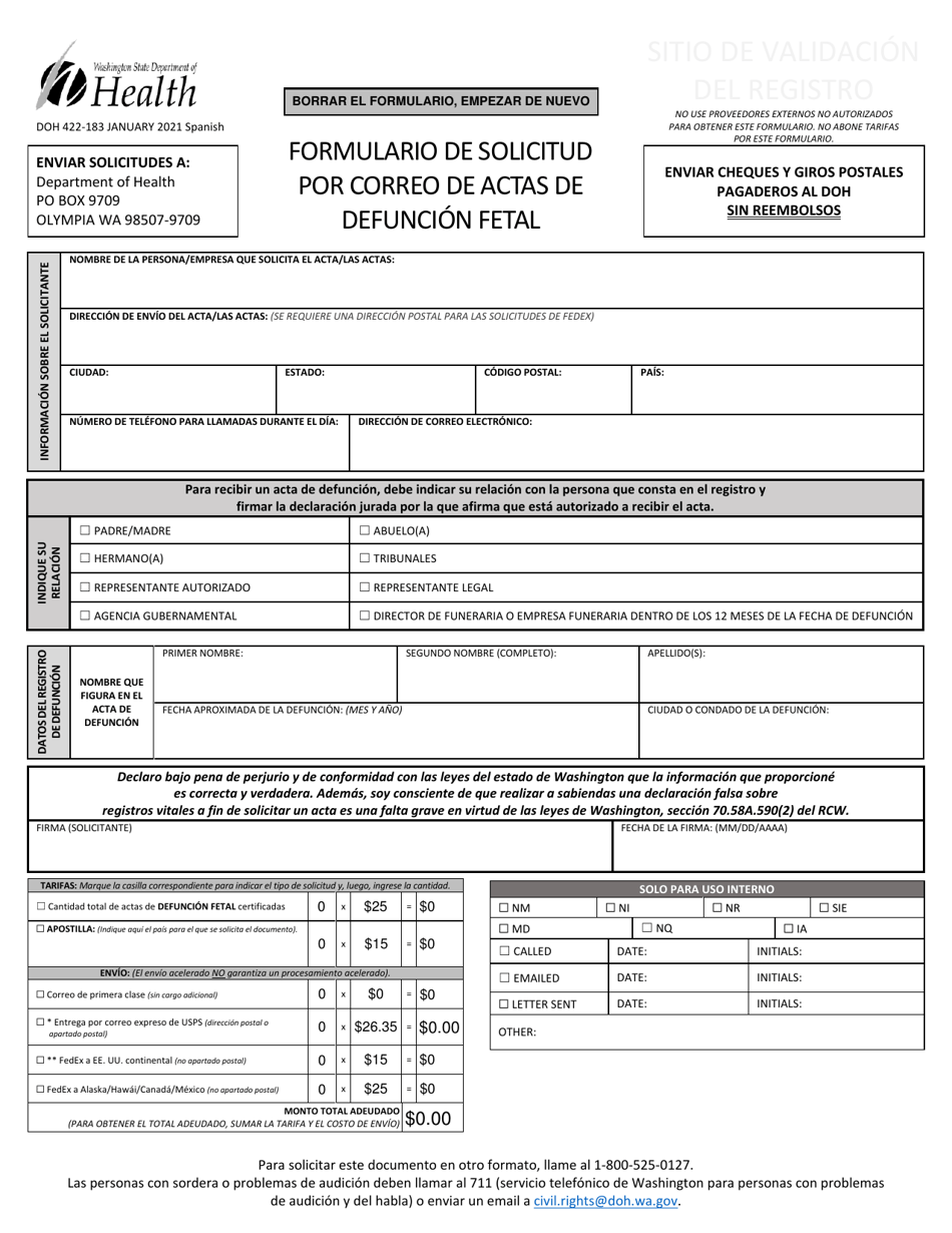 DOH Formulario 422-183 Formulario De Solicitud Por Correo De Actas De Defuncion Fetal - Washington (Spanish), Page 3