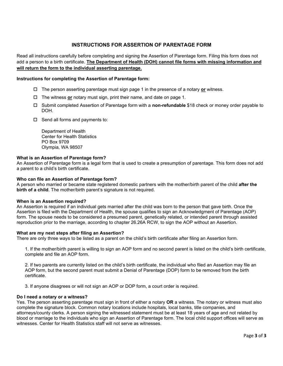 DOH Form 422-165 Assertion of Parentage - Washington, Page 3