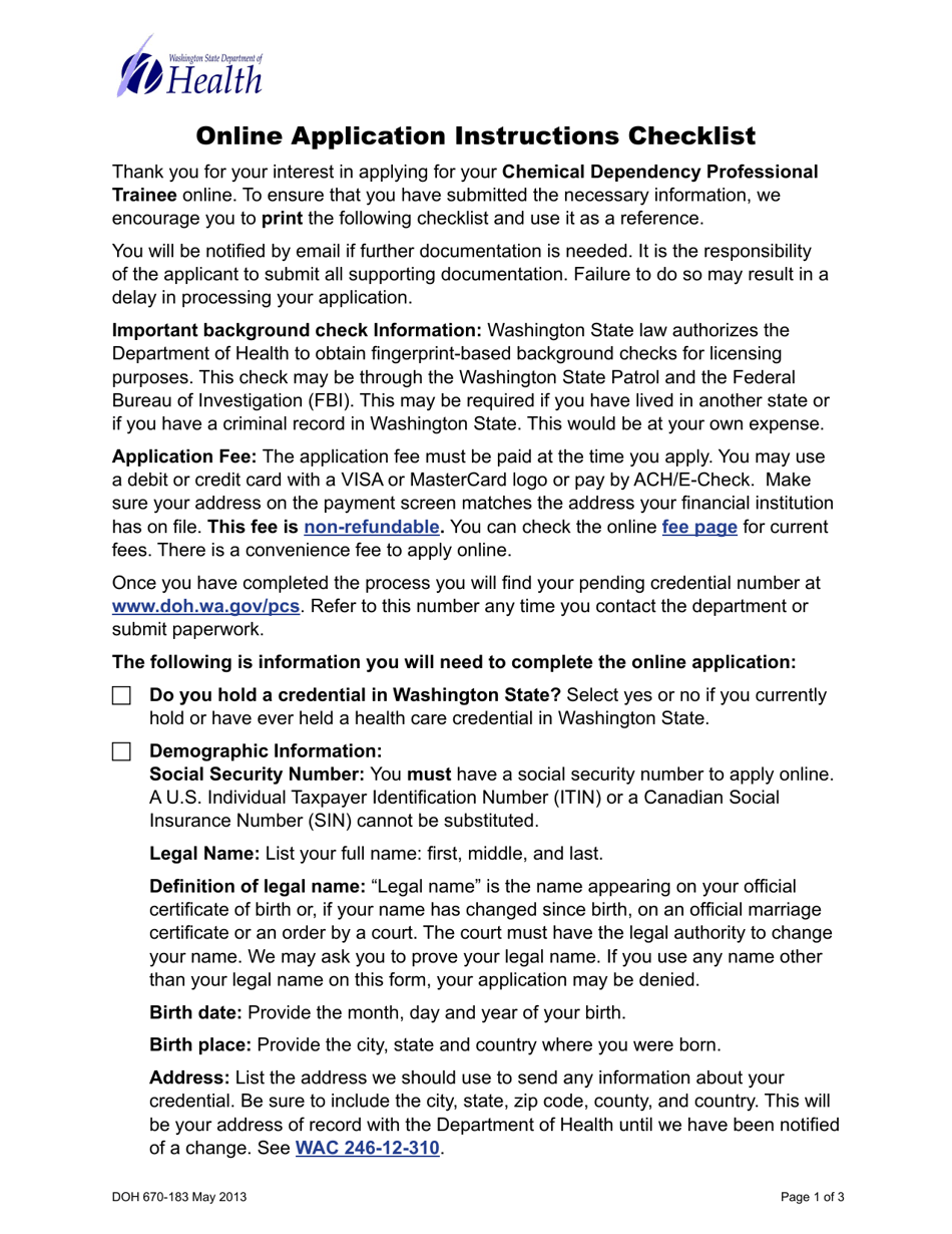 DOH Form 670-183 Chemical Dependency Professional Trainee Online Application Instructions Checklist - Washington, Page 1