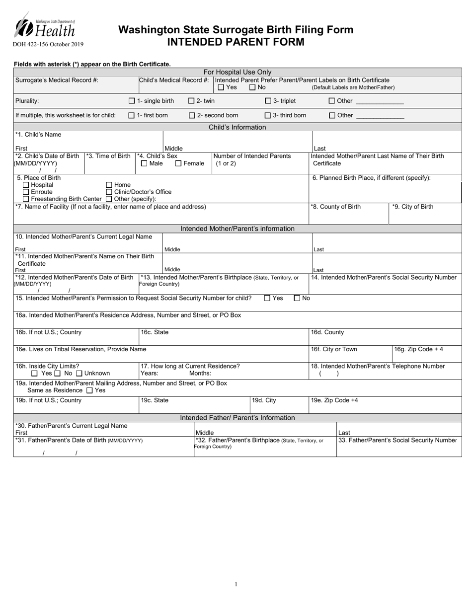 DOH Form 422-156 Washington State Surrogate Birth Filing Form - Washington, Page 1