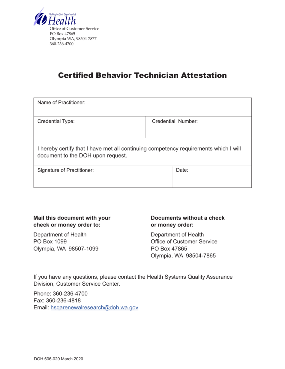 DOH Form 606-020 Certified Behavior Technician Attestation - Washington, Page 1