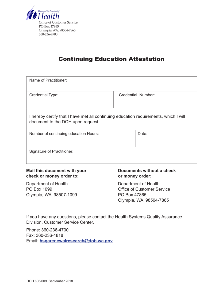 DOH Form 606-009 Continuing Education Attestation - Washington, Page 1