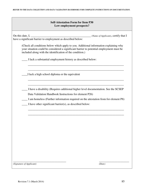 Self-attestation Form for Item P30 - Low Employment Prospects - North Carolina
