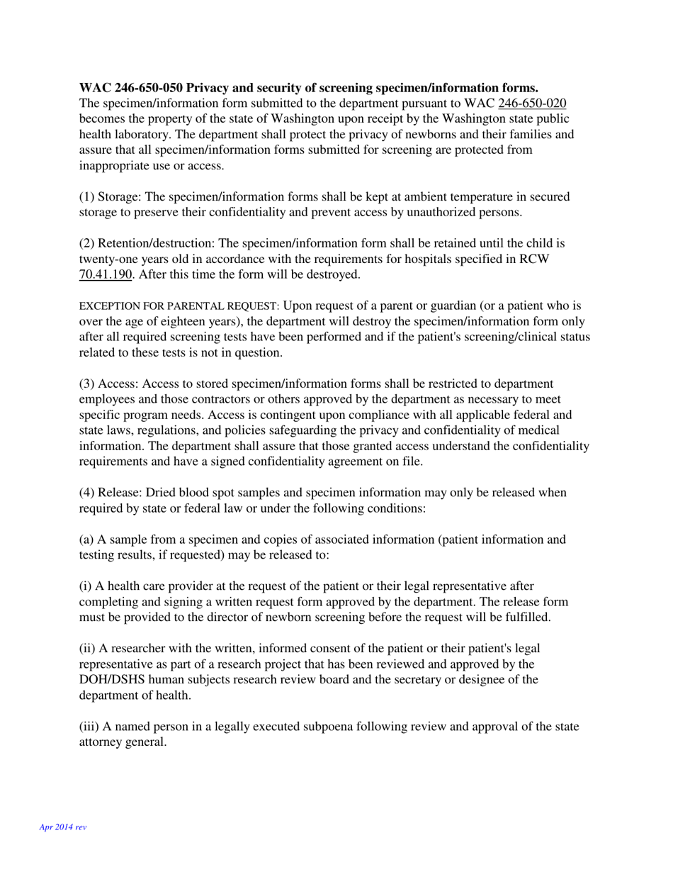 Request to Destroy Residual Newborn Screening Specimens - Washington, Page 3