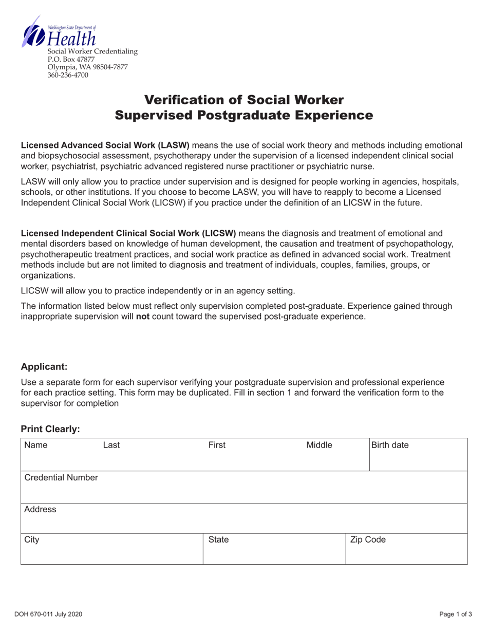 DOH Form 670-011 Verification of Social Worker Supervised Postgraduate Experience - Washington, Page 1