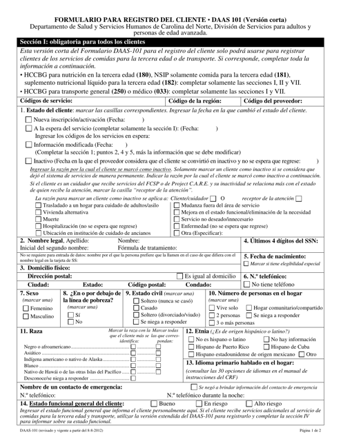 Formulario DAAS-101 Formulario Para Registro Del Cliente (Version Corta) - North Carolina (Spanish)