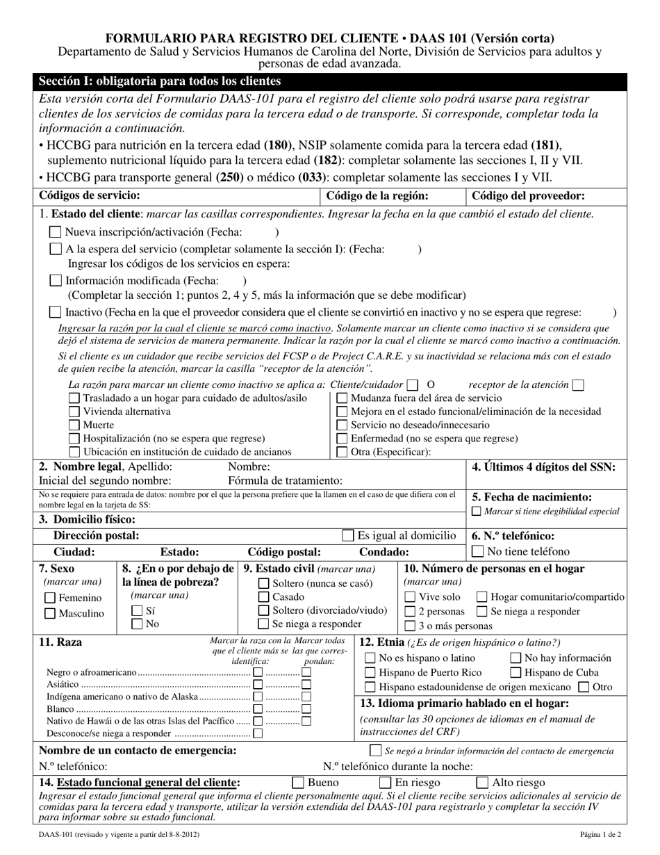 Formulario DAAS-101 Formulario Para Registro Del Cliente (Version Corta) - North Carolina (Spanish), Page 1