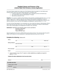 Document preview: Form GFP-P&R-305 Disabled Veteran and Prisoner of War Lifetime State Park Entrance License Application - South Dakota