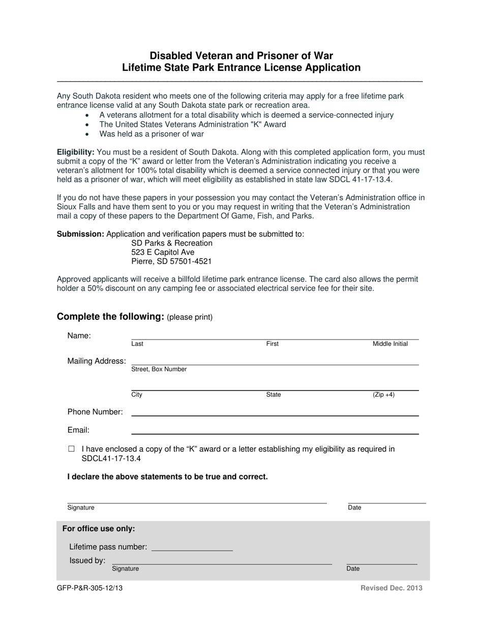 Form GFP-PR-305 Disabled Veteran and Prisoner of War Lifetime State Park Entrance License Application - South Dakota, Page 1