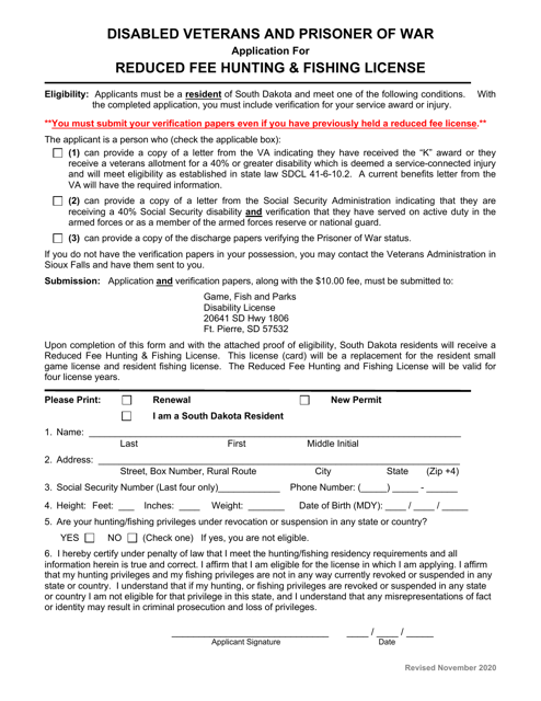 Disabled Veteran and Prisoner of War Reduced Fee Hunting and Fishing Application - South Dakota Download Pdf