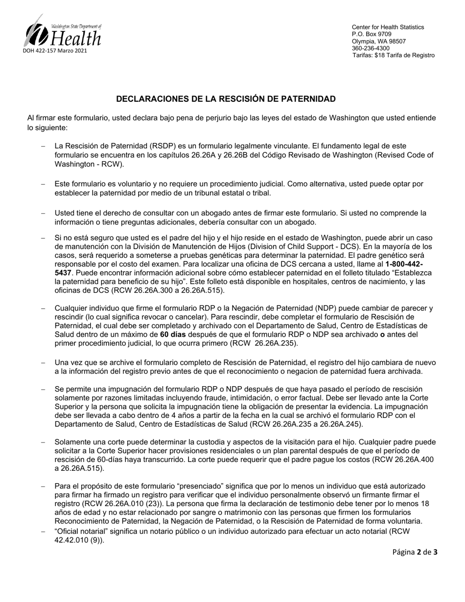 DOH Formulario 422-157 Rescision De Paternidad - Washington (Spanish), Page 2