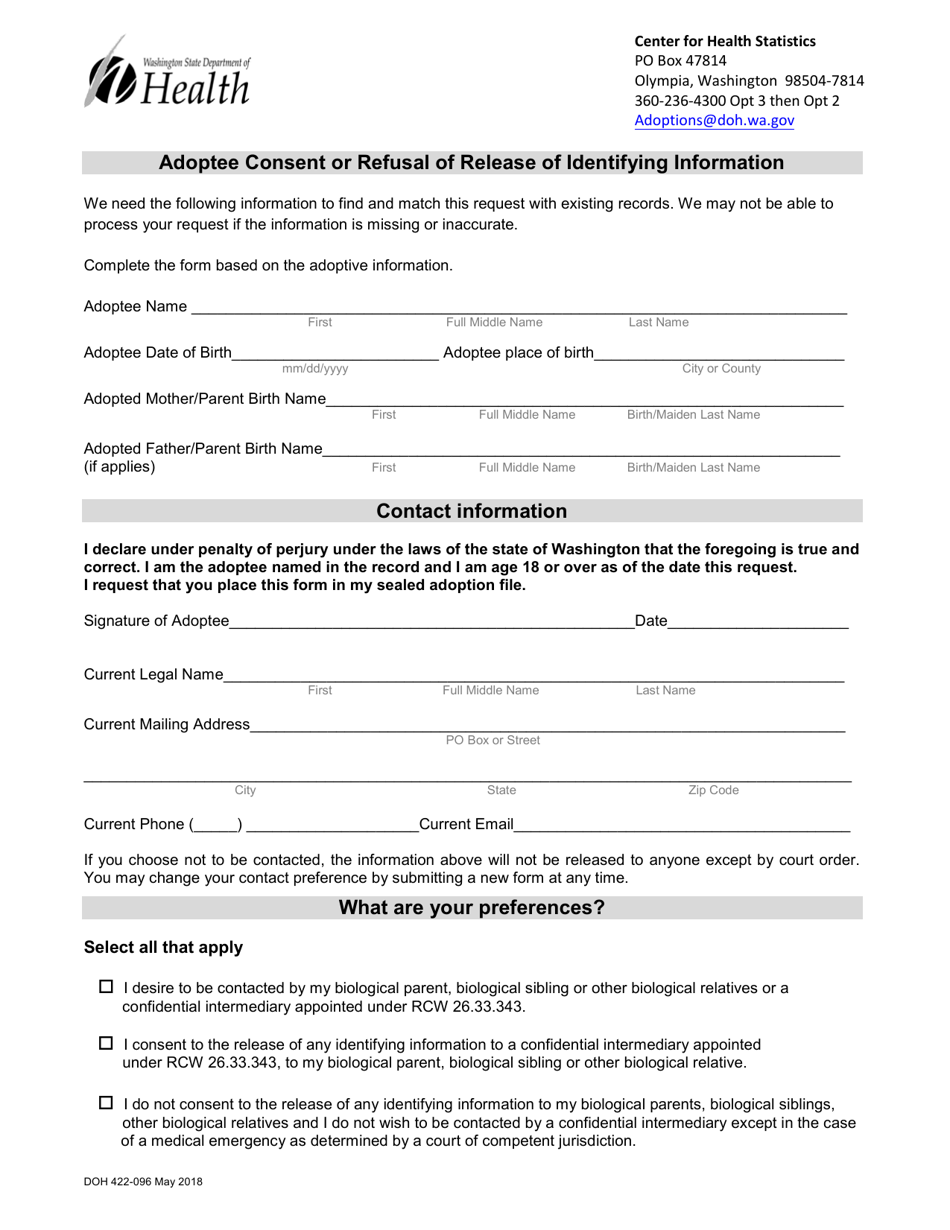DOH Form 422-096 Adoptee Consent or Refusal of Release of Identifying Information - Washington, Page 1