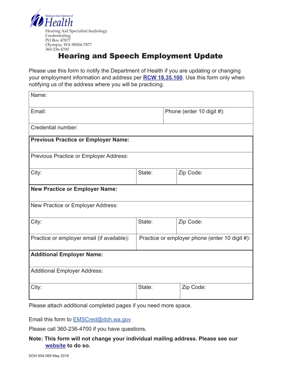 DOH Form 654-069 Hearing and Speech Employment Update - Washington, Page 1