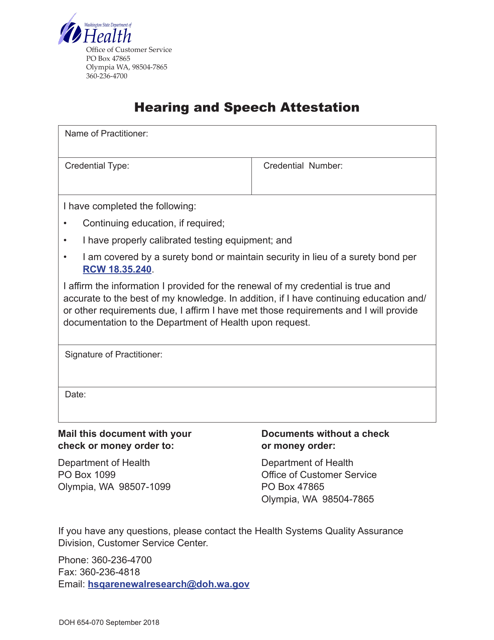 DOH Form 654-070  Printable Pdf