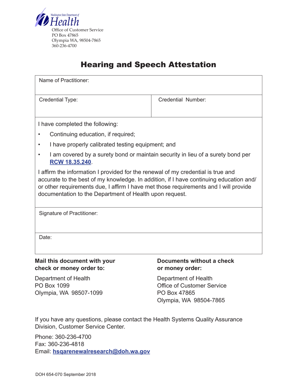 DOH Form 654-070 Hearing and Speech Attestation - Washington, Page 1