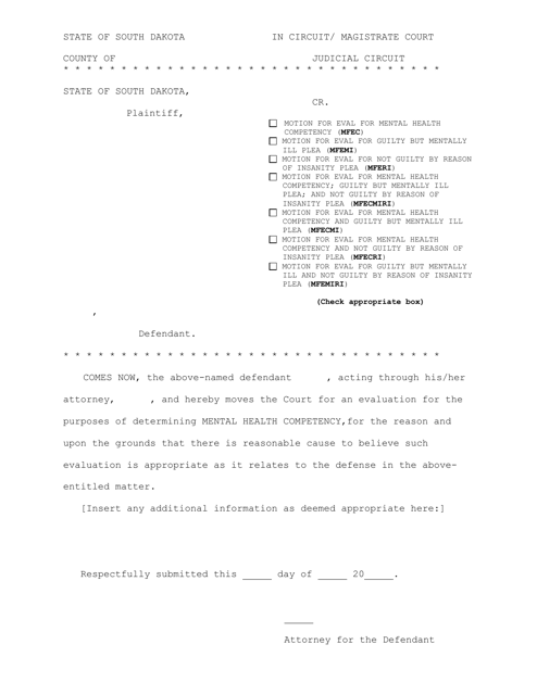 Motion for Evaluation for Mental Health Competency - South Dakota Download Pdf