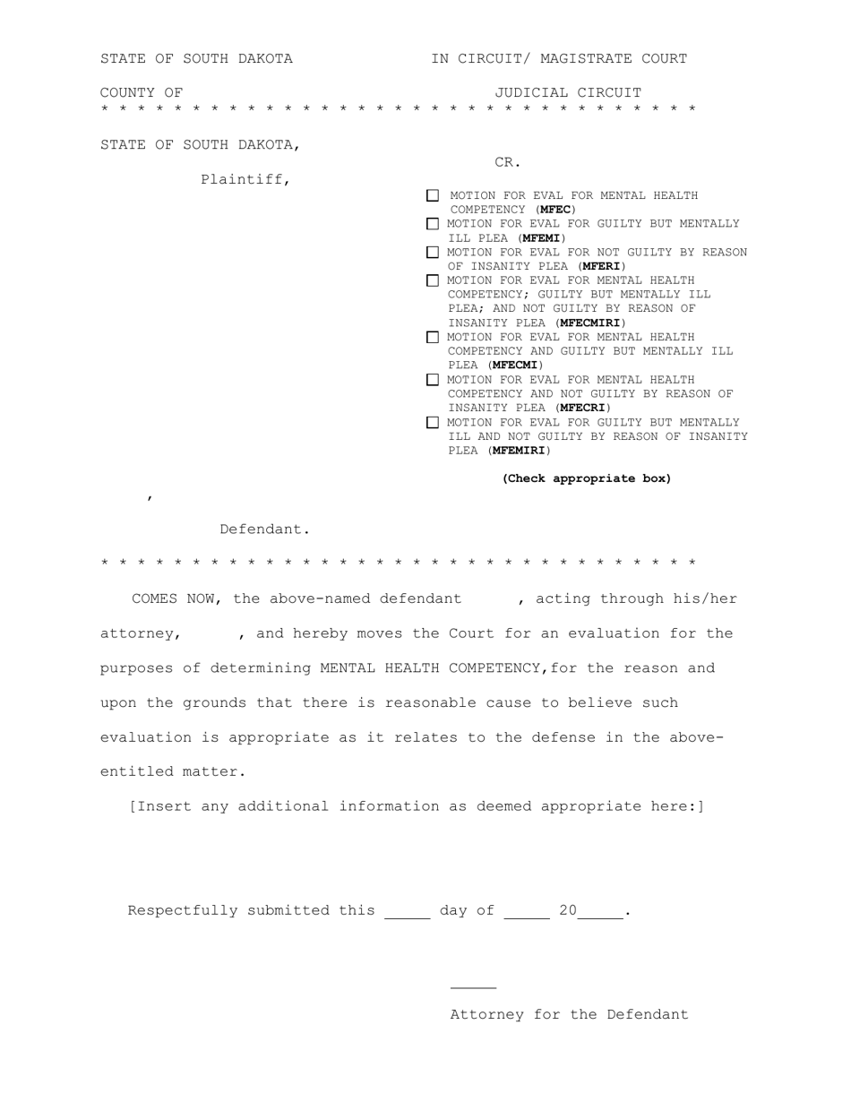 Motion for Evaluation for Mental Health Competency - South Dakota, Page 1