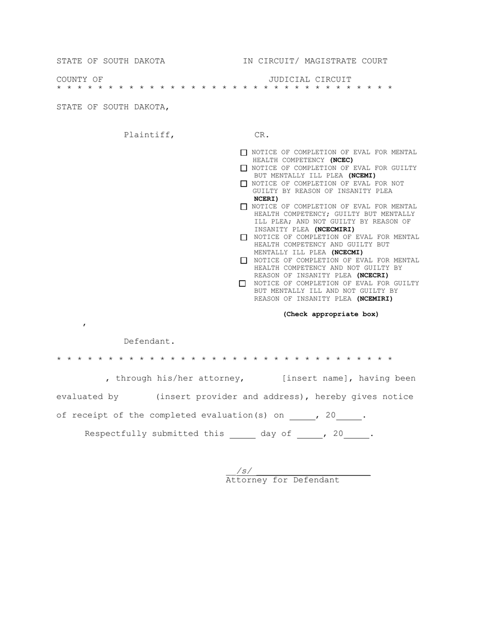 Notice of Evaluation for Mental Health Competency - South Dakota, Page 1