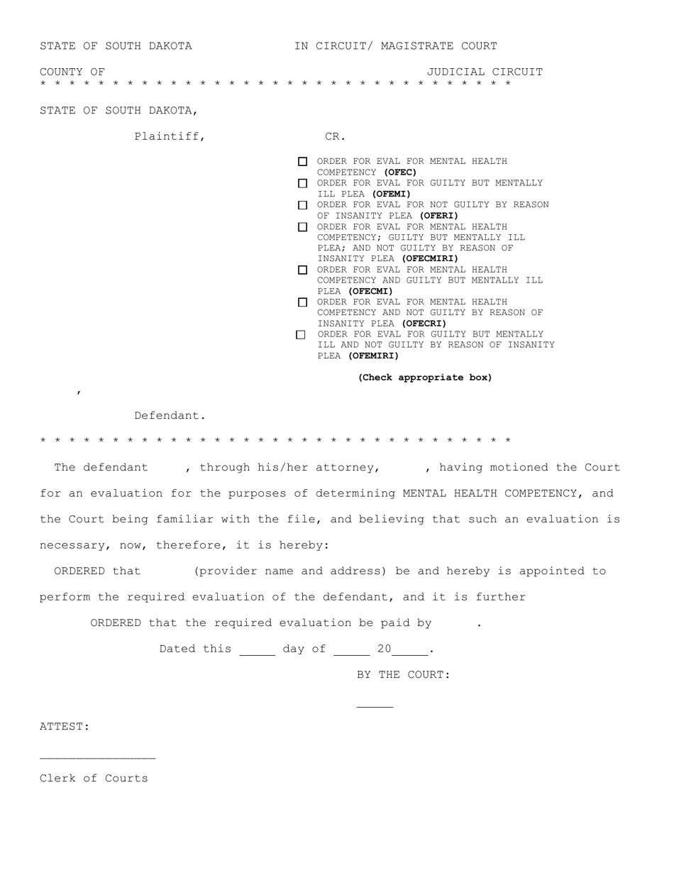 Order for Evaluation for Mental Health Competency - South Dakota, Page 1
