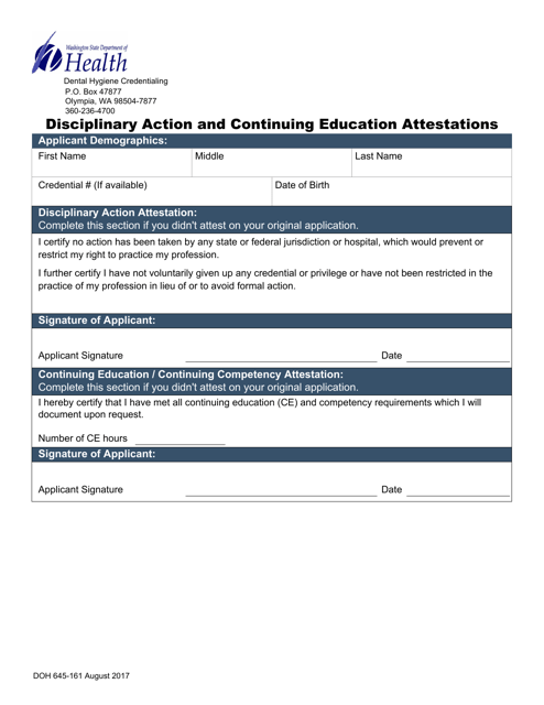 DOH Form 645-161 Disciplinary Action and Continuing Education Attestations - Washington
