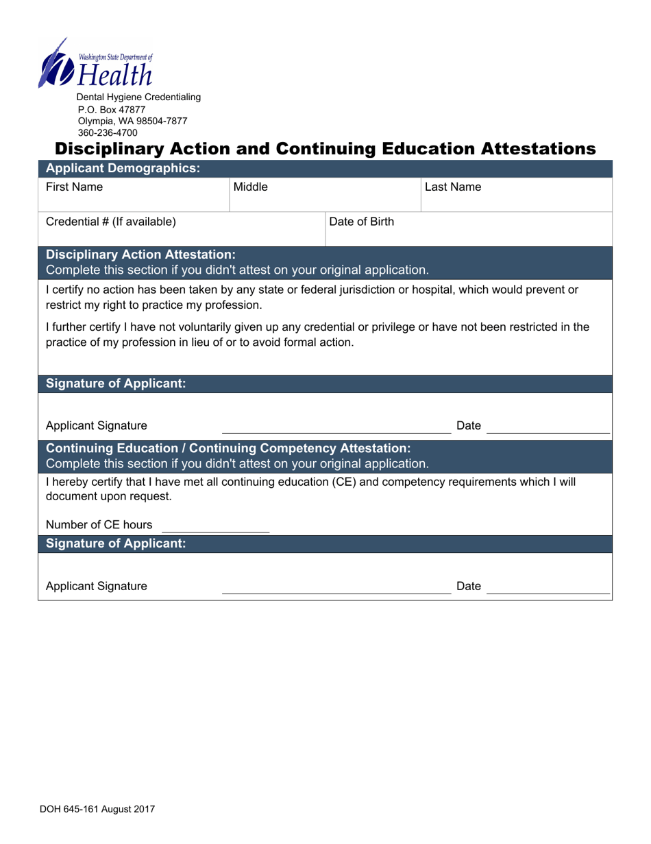 DOH Form 645-161 Disciplinary Action and Continuing Education Attestations - Washington, Page 1