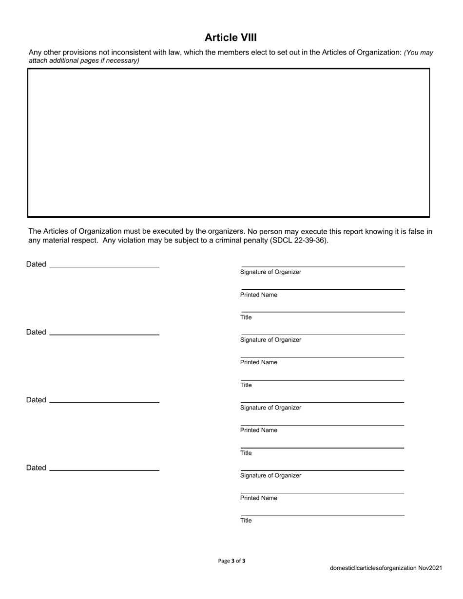 Articles of Organization - Domestic Limited Liability Company - South Dakota, Page 3