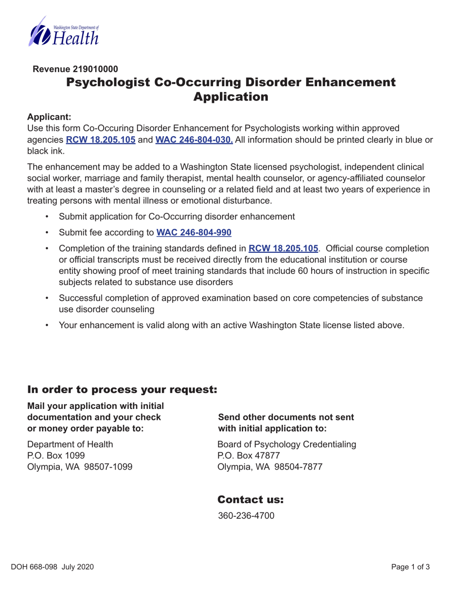 DOH Form 668-098 Psychologist Co-occurring Disorder Enhancement Application - Washington, Page 1