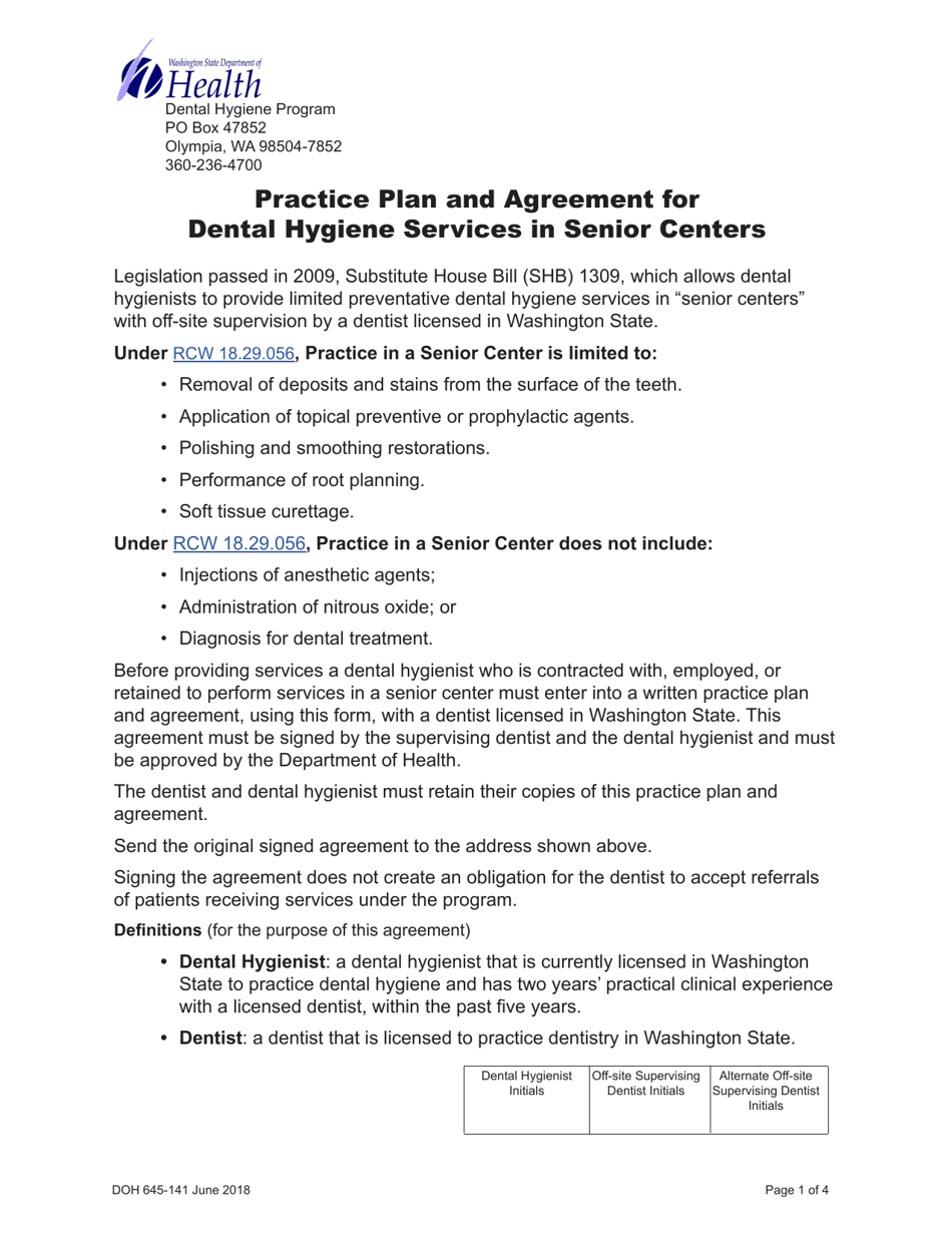 DOH Form 645-141 Practice Plan and Agreement for Dental Hygiene Services in Senior Centers - Washington, Page 1