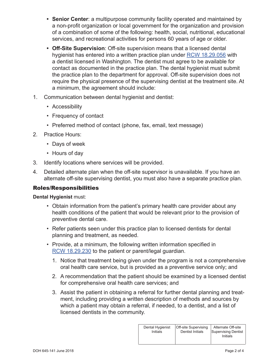 DOH Form 645-141 Practice Plan and Agreement for Dental Hygiene Services in Senior Centers - Washington, Page 2