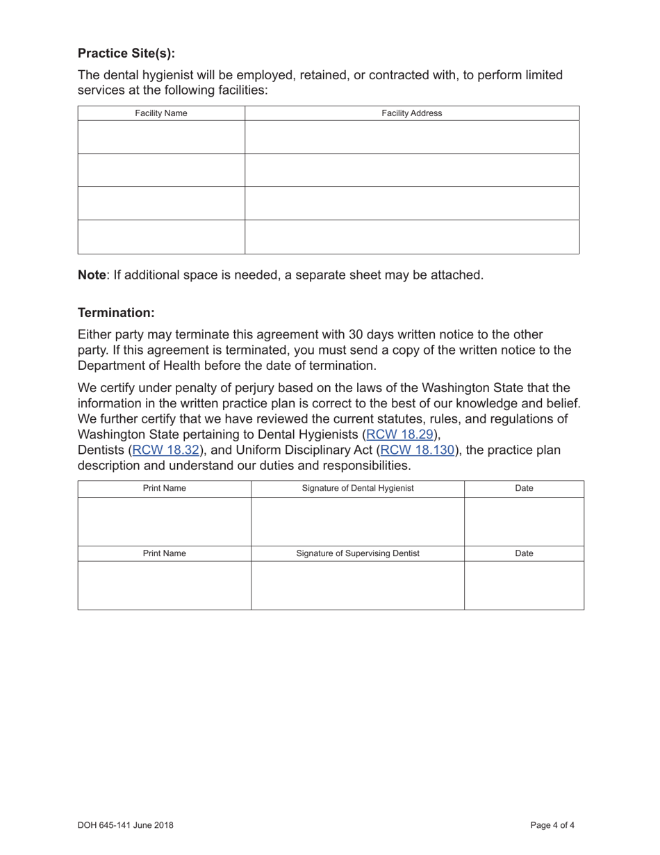 DOH Form 645-141 Practice Plan and Agreement for Dental Hygiene Services in Senior Centers - Washington, Page 4