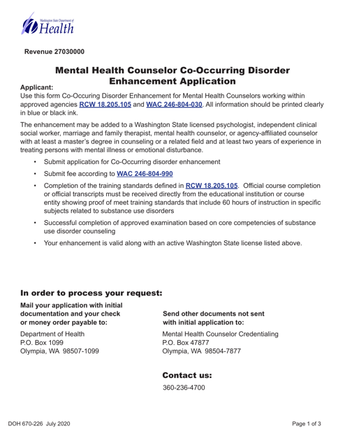 DOH Form 670-226 Mental Health Counselor Co-occurring Disorder Enhancement Application - Washington