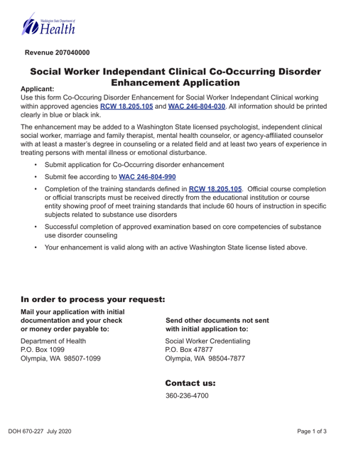 DOH Form 670-227 Social Worker Independant Clinical Co-occurring Disorder Enhancement Application - Washington