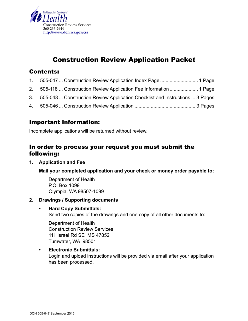 DOH Form 505-046 Construction Review Application - Washington, Page 1