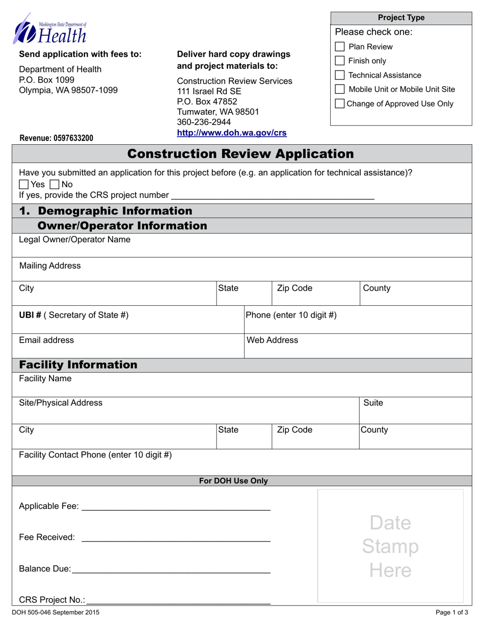DOH Form 505-046 Construction Review Application - Washington, Page 6