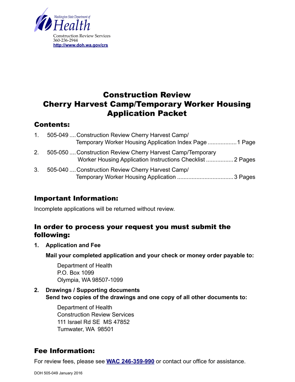 DOH Form 505-040 Cherry Harvest Camp / Temporary Worker Housing Construction Review Application - Washington, Page 1