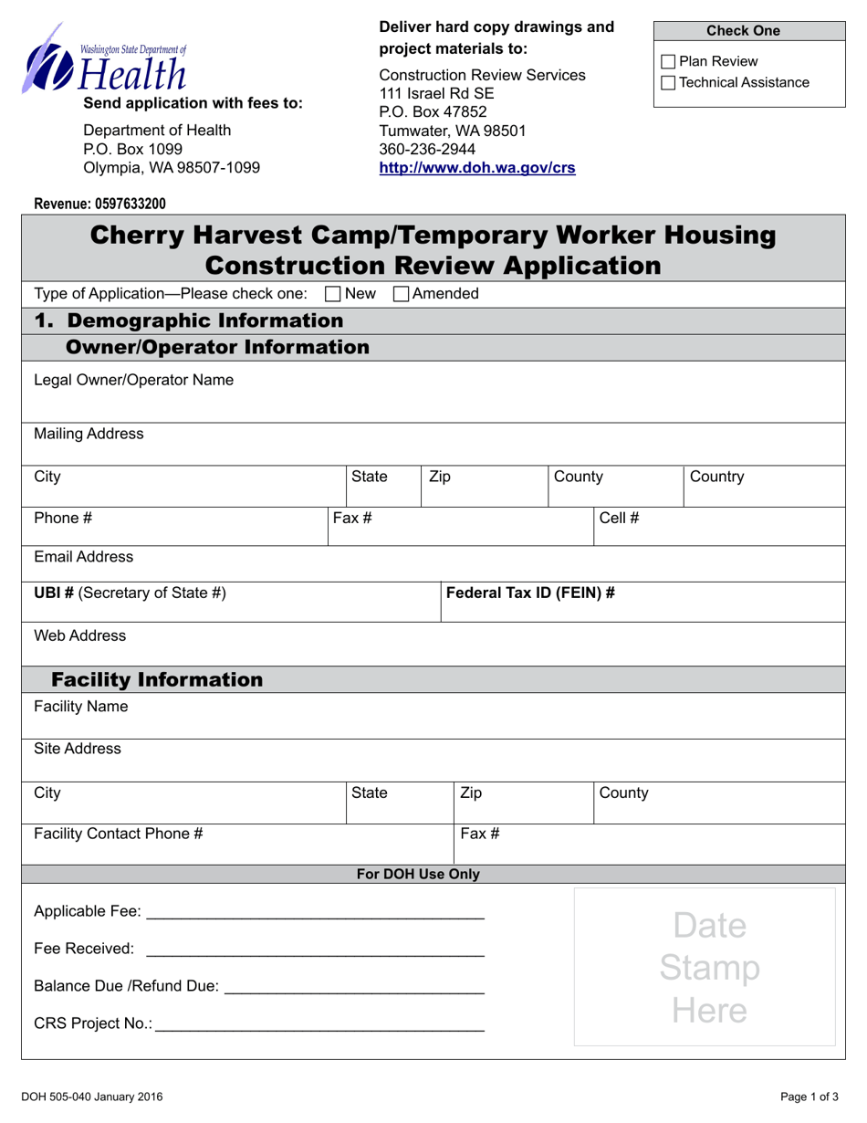DOH Form 505-040 Cherry Harvest Camp / Temporary Worker Housing Construction Review Application - Washington, Page 4