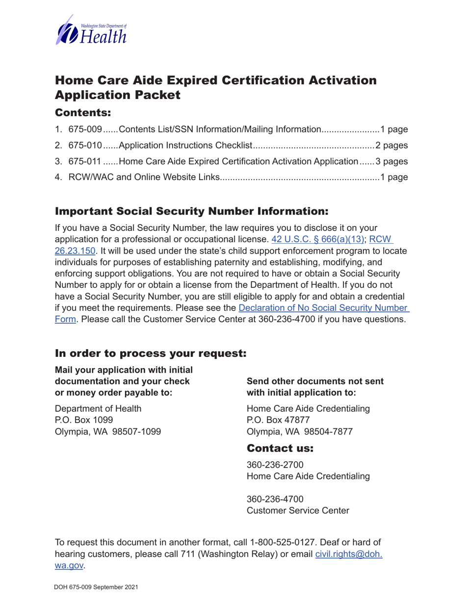 DOH Form 675-010 Home Care Aide Expired Certification Activation Application - Washington, Page 1