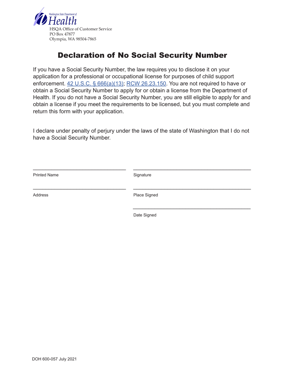 DOH Form 600-057 Declaration of No Social Security Number - Washington, Page 1