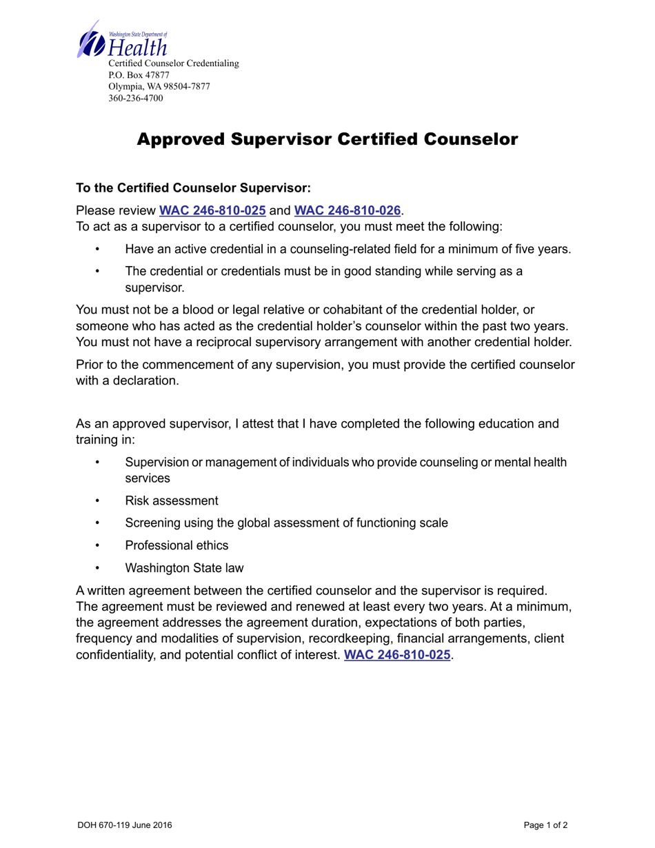 DOH Form 670-119 Approved Supervisor Certified Counselor - Washington, Page 1