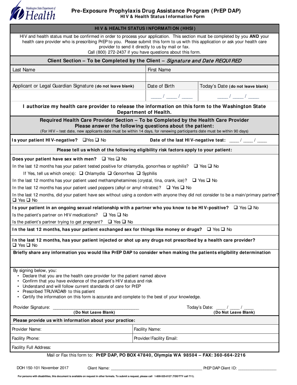 DOH Form 150-101 HIV  Health Status Information Form - Pre-exposure Prophylaxis Drug Assistance Program (Prep Dap) - Washington, Page 1
