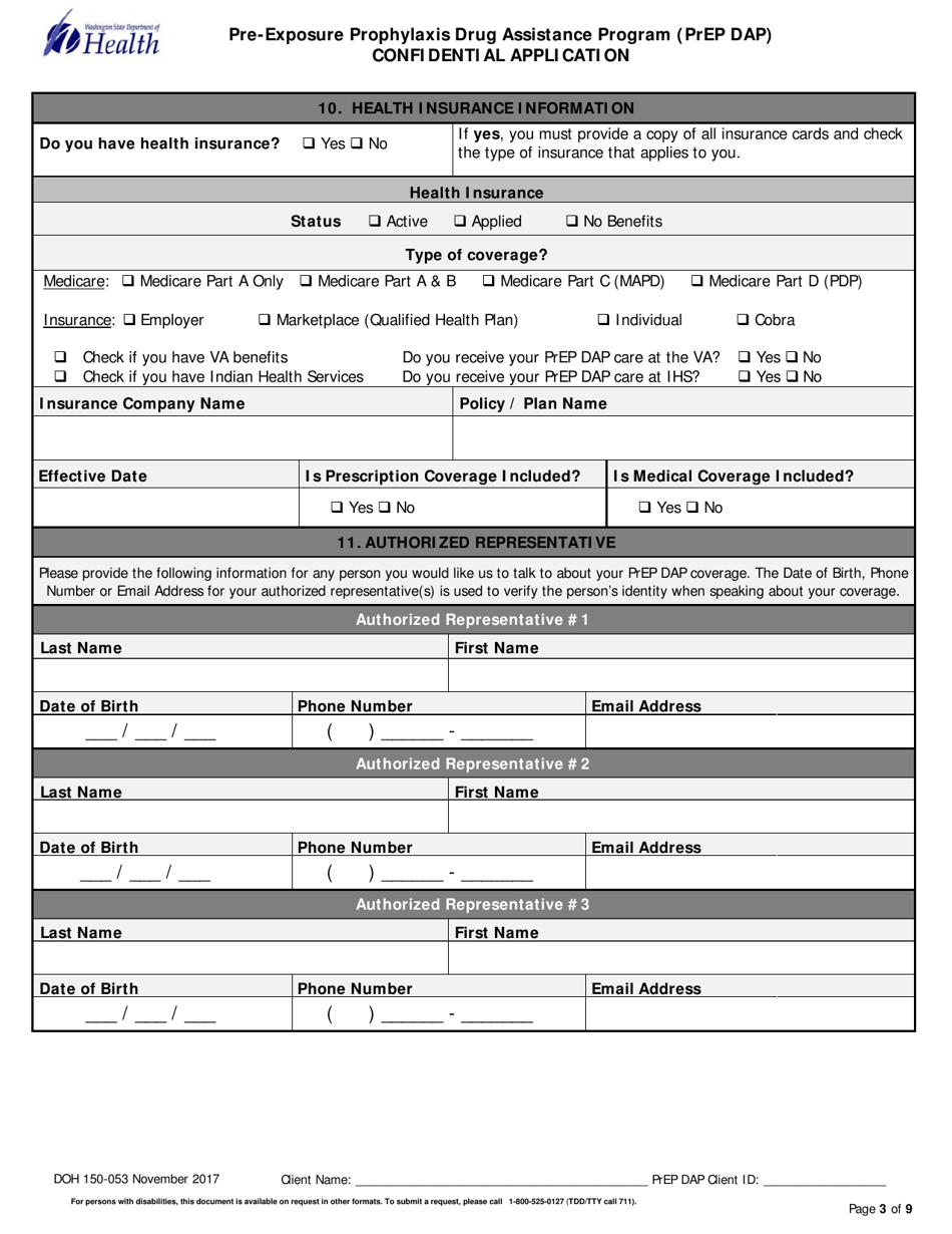 DOH Form 150-053 Pre-exposure Prophylaxis Drug Assistance Program (Prep Dap) Confidential Application - Washington, Page 3