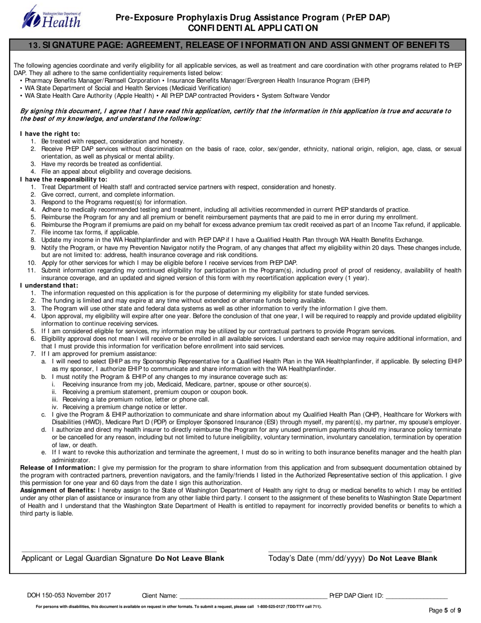 DOH Form 150-053 Pre-exposure Prophylaxis Drug Assistance Program (Prep Dap) Confidential Application - Washington, Page 5