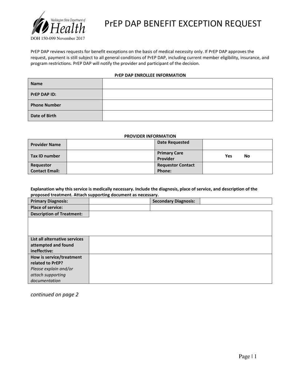 DOH Form 150-099 Prep Dap Benefit Exception Request - Washington, Page 1